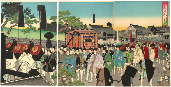 Toyohara Chikanobu: A procession of a feudal lord visiting the temple at Ueno — 旧諸侯上野初御仏参之 - Japanese Art Open Database