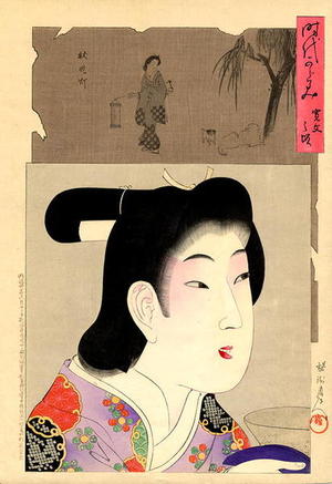 Toyohara Chikanobu: bust portrait of a young bijin wearing a kimono decorated with flowers - Japanese Art Open Database