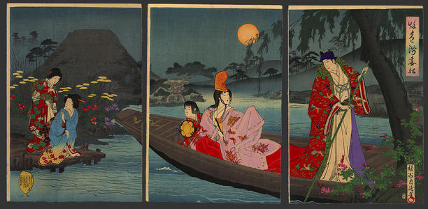 豊原周延: An Heian Courtier and Court Lady boating in the moonlight - Japanese Art Open Database