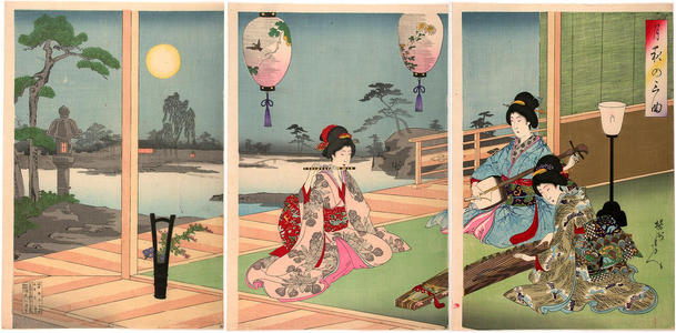 豊原周延: An ensemble of three musical instruments in the moonlight - Japanese Art Open Database