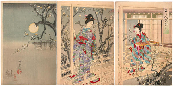 豊原周延: Beuties viewing plum blossoms - Japanese Art Open Database