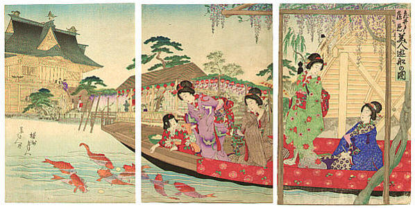 豊原周延: Bijin on pleasure boat trip at Kameido Shrine - Japanese Art Open Database
