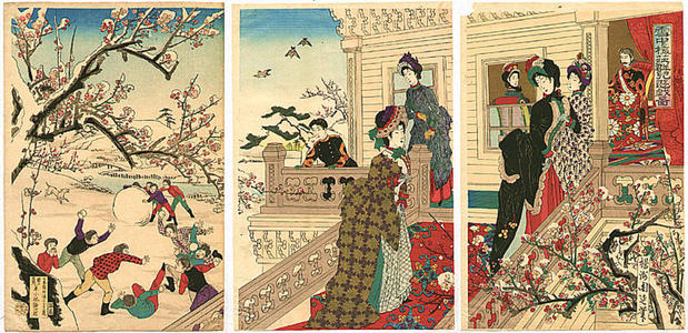 豊原周延: Children are playing with snow in the Emperor and Empress Meiji Plum Garden Palace - Japanese Art Open Database