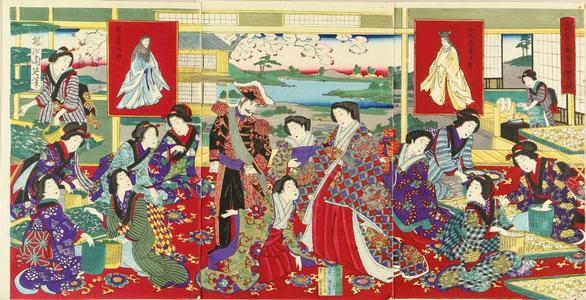 Toyohara Chikanobu: Emperor observing sericulture, — 富貴之春蚕之繁栄 - Japanese Art Open Database