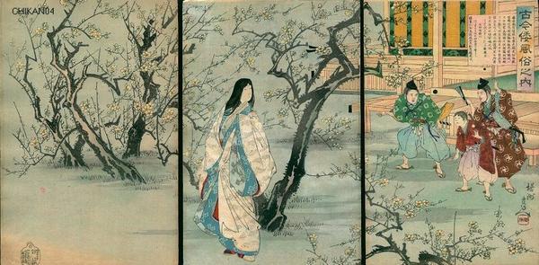 豊原周延: Fujiwara Toshinaris wife viewing plum blossoms - Japanese Art Open Database