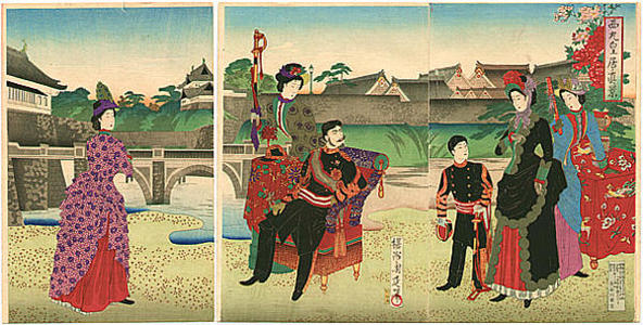 Toyohara Chikanobu: Meiji Emperor Empress Crown Prince and court attendants in Western clothing — Nishimaru Kokyo Shinkei - Japanese Art Open Database