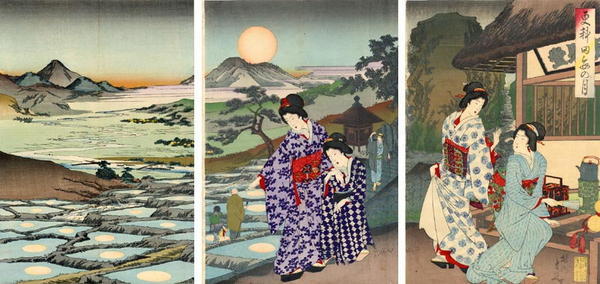 Toyohara Chikanobu: Moon reflected in the rice fields in Sarashina — 更科田毎の月 - Japanese Art Open Database