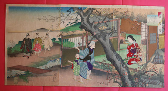 Toyohara Chikanobu: Plum trees in the hut of Uguise — 鶯宿梅 - Japanese Art Open Database