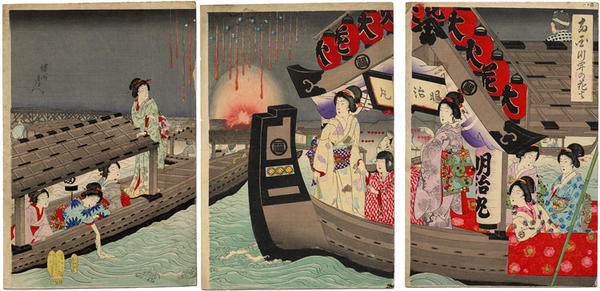 Toyohara Chikanobu, 豊原周延 (Chikanobu Yoshu (1838-1912) Toyohara (楊洲周延))による浮世絵「Ryogoku Fireworks」