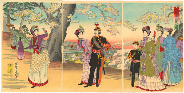 豊原周延: The Emperor, Empress, Crown Prince and court ladies on an outing to Asuka Park - Japanese Art Open Database