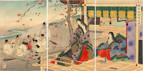 Toyohara Chikanobu: Two court ladies on the balcony of a mountain lodge - Japanese Art Open Database