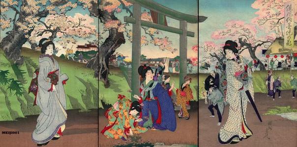 Toyohara Chikanobu: Unknown- Spring cherry flower bijin torii child - Japanese Art Open Database