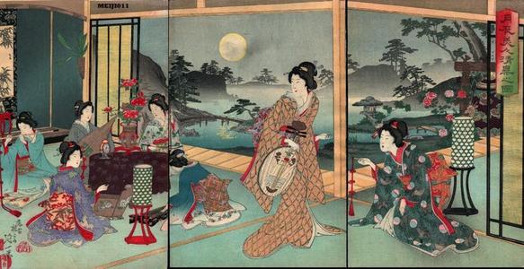 Toyohara Chikanobu: Unknown- bijin moon night party music - Japanese Art Open Database