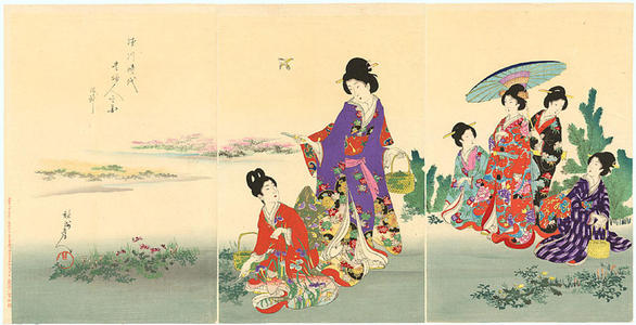 豊原周延: Women gathering Spring herbs — Tokugawa Jidai Kifujin no Zu - Japanese Art Open Database
