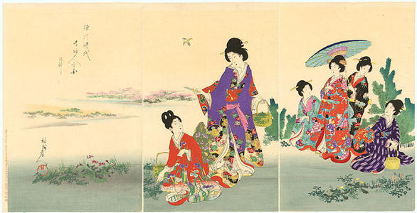 Toyohara Chikanobu: Women gathering Spring herbs — Tokugawa Jidai Kifujin no Zu - Japanese Art Open Database