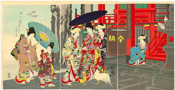 Toyohara Chikanobu: Women visiting Sensoji temple - Japanese Art Open Database