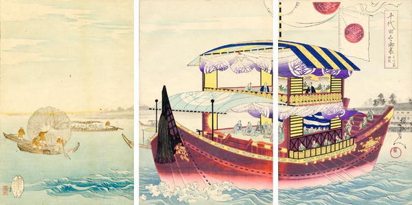 Toyohara Chikanobu: Tour by boat- Okawa-river — 大川筋 御成 - Japanese Art Open Database