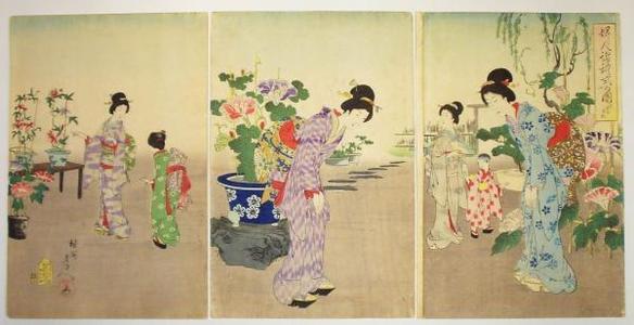 Toyohara Chikanobu: Greetings in a flower garden - Japanese Art Open Database