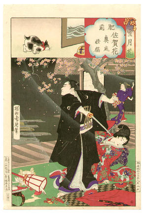 Toyohara Chikanobu: Hizen Province - Saga flowers and mysterious cat of the inner garden - Japanese Art Open Database