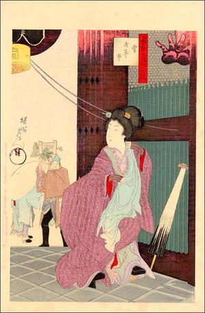 Toyohara Chikanobu: Snow- bijin entering temple — 浅草市 - Japanese Art Open Database