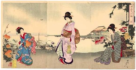 豊原周延: Autumn - Women in a chrysanthemum garden — 秋 - Japanese Art Open Database