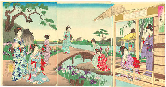 Toyohara Chikanobu: Spring- Women in an iris garden - Japanese Art Open Database