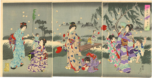 Toyohara Chikanobu: Summer- Women and children catching fireflies - Japanese Art Open Database