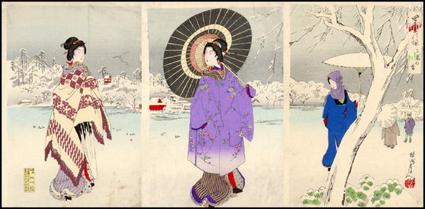 豊原周延: Unknown- bijin snow umbrella pond - Japanese Art Open Database