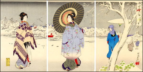 豊原周延: Unknown- bijin snow umbrella pond - Japanese Art Open Database