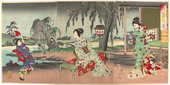 Toyohara Chikanobu: Fireflies at a country house — Besso no hotaru - 別荘乃蛍 - Japanese Art Open Database
