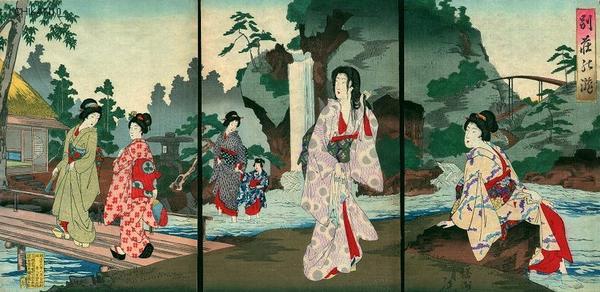 Toyohara Chikanobu: Unknown- bijin at villa garden - Japanese Art Open Database