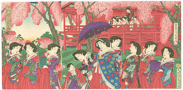 Chikayoshi Toyohara: Viewing Cherry Blossoms in Ueno Park - Japanese Art Open Database