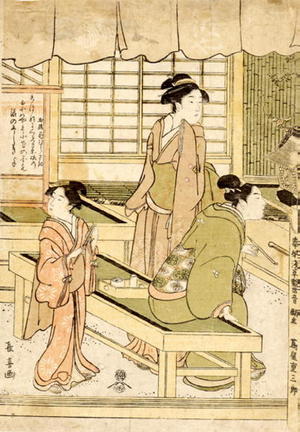 Eishosai Choki: A courtesan and her attendants in a silk factory - Japanese Art Open Database