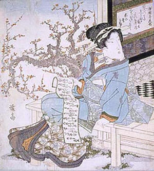 Keisai Eisen: A Beauty with red plum flowers - Japanese Art Open Database