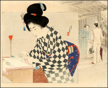 富岡英泉: Young Woman Emboidering - Japanese Art Open Database
