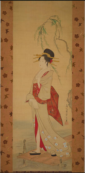 細田栄之: Woman Waiting for a Ferry (Painting on Silk) — 舟待つ女 - Japanese Art Open Database