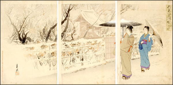 尾形月耕: Bijin in a Snow Covered Temple Garden - Japanese Art Open Database