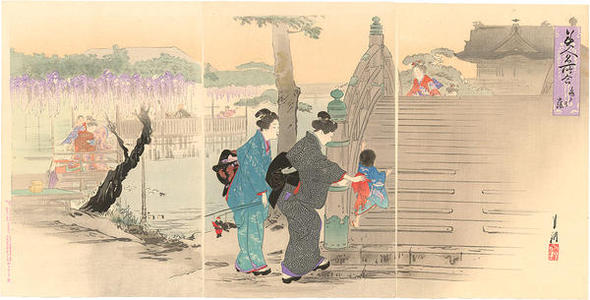 尾形月耕: Women and children viewing wisteria at Kameido Shrine - Japanese Art Open Database