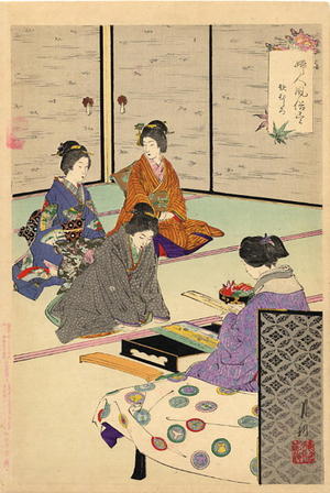 Japanese Print "Bijin in an interior writing poem cards" by Gekko Ogata (尾形月耕)