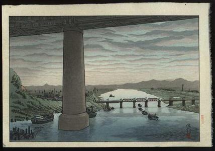 Gihachiro Okuyama: View of under the Ichikawa bridge from Edogawa — 江戸川堤から市川橋下を見る - Japanese Art Open Database