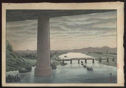 Gihachiro Okuyama: View of under the Ichikawa bridge from Edogawa — 江戸川堤から市川橋下を見る - Japanese Art Open Database