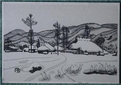 Gihachiro Okuyama: snowy farm landscape - Japanese Art Open Database