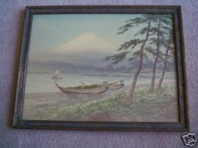 川上澄生: Boats on shore near Fuji - Japanese Art Open Database