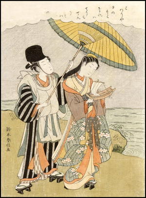 鈴木春信: A bijin with her young man protecting her from a shower of rain - Japanese Art Open Database
