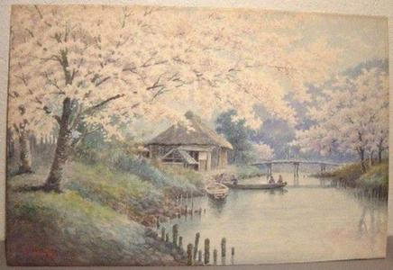 Hayashi D: River, Cherry Blossoms, House and Boats - Japanese Art Open Database