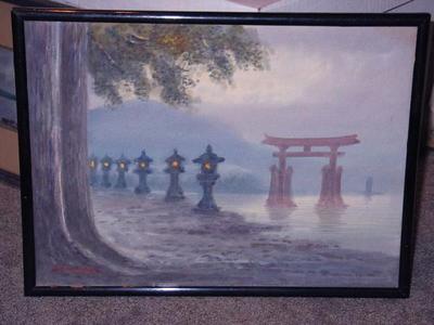 Yoshida Hiroshi: Miyajima in mist with lanterns - Japanese Art Open Database