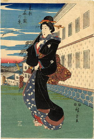 Japanese Print "Bijin outside the residence of the feudal lord Kuroda in Kasumigaseki" by Ando Hiroshige, 歌川広重 (Hiroshige 1 Ando (歌川広重))