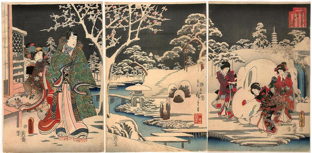 Hiroshige 1 and Kunisada 1: The eastern Genji in the snow covered garden - Japanese Art Open Database