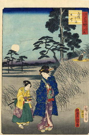 Hiroshige 2 and Kunisada 1: A young bijin and her maid taking an evening stroll - Japanese Art Open Database