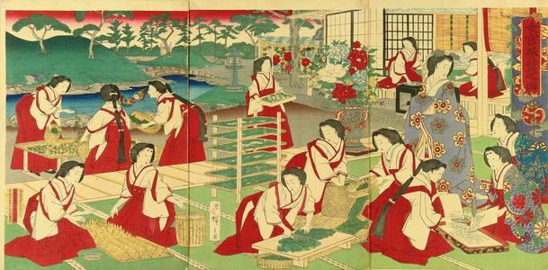 三代目歌川広重: A scene of court ladies' sericulture - Japanese Art Open Database